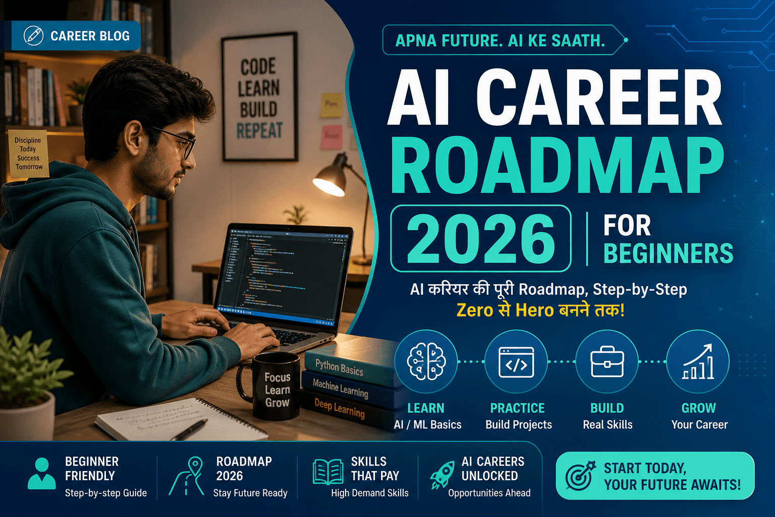 AI mein career kaise shuru kare beginners roadmap 2026 Hindi cover — focus learn grow
