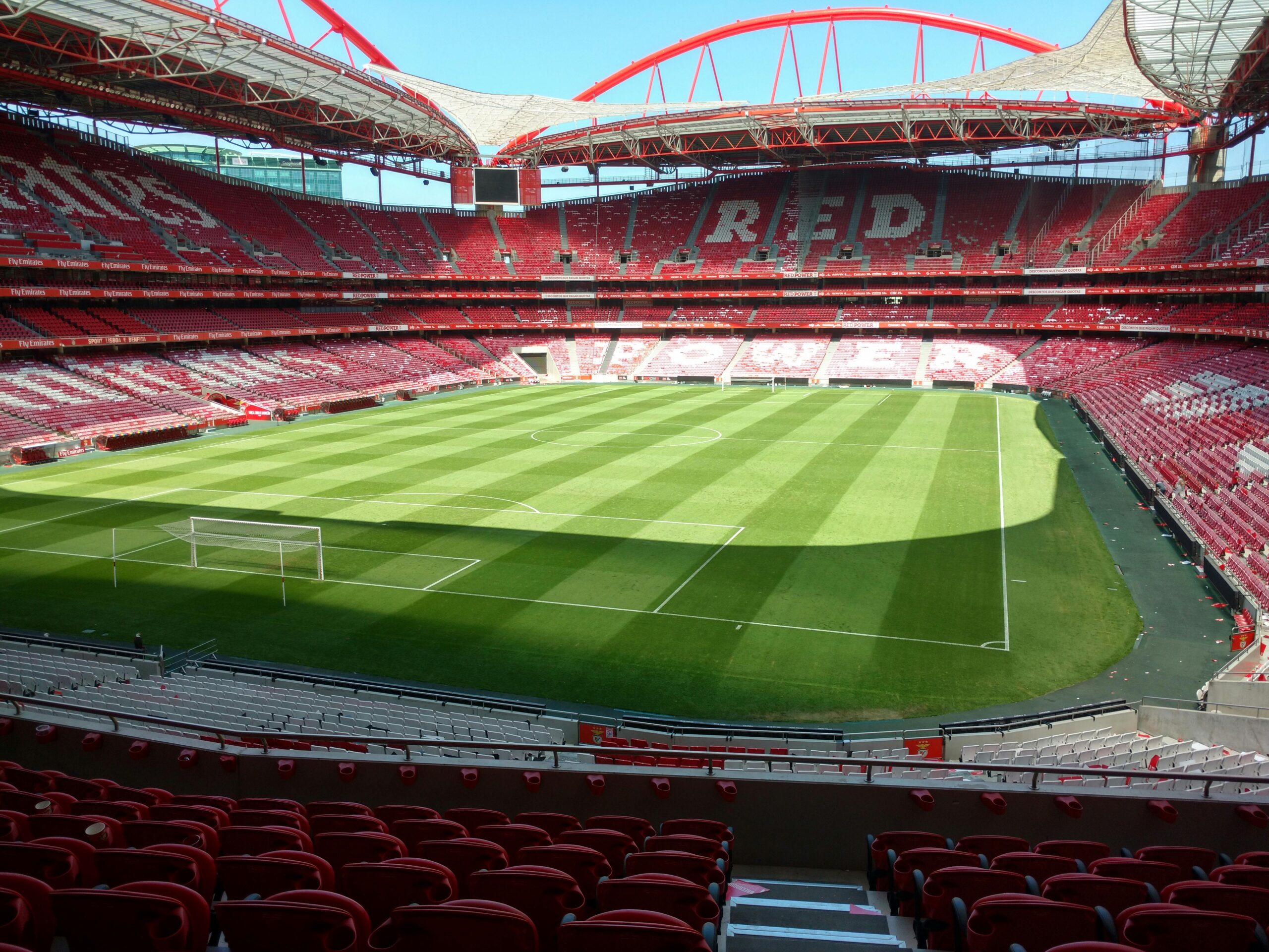 Panoramic view of the empty Estádio da Luz stadium in Lisbon, ready for a football match.