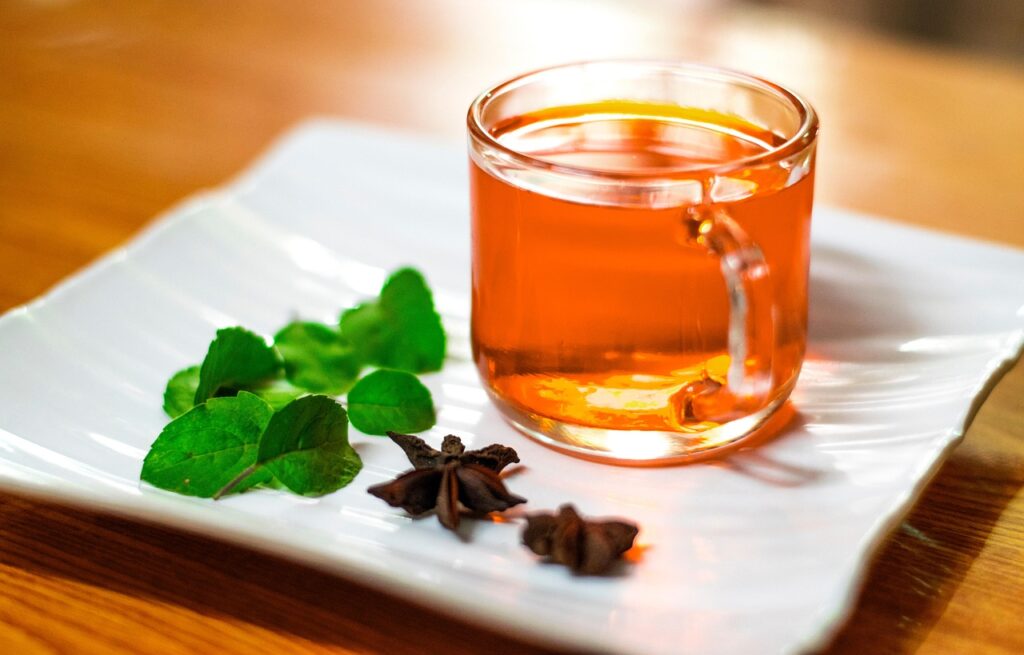 tea, herbs, drink, green tea, health, tulsi, basil, star anise, tea cup, herbal, aroma, healthy, beverage, glass, cup